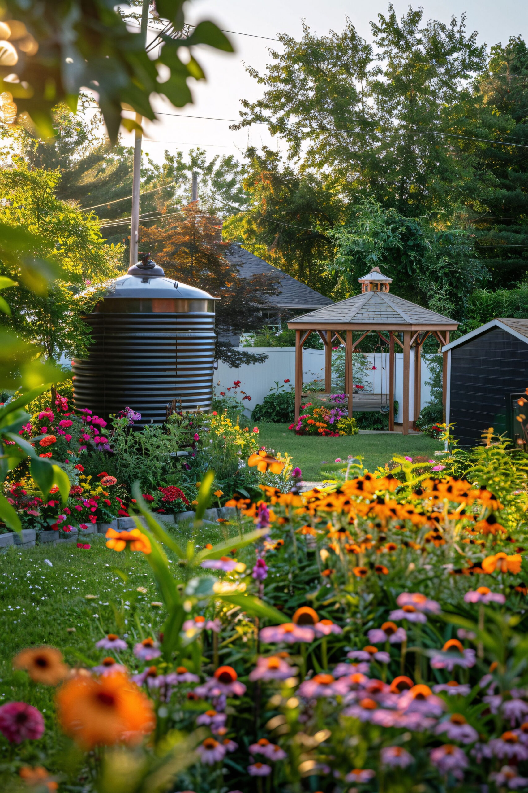 Retenční nádrž pro zadržování dešťové vody v zahradě u rodinného domu v Jihomoravském kraji.